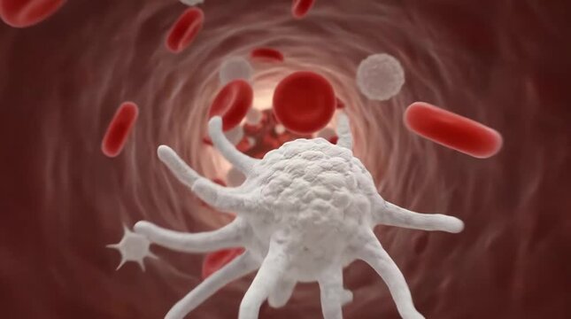 Red and white blood cells flowing through artery