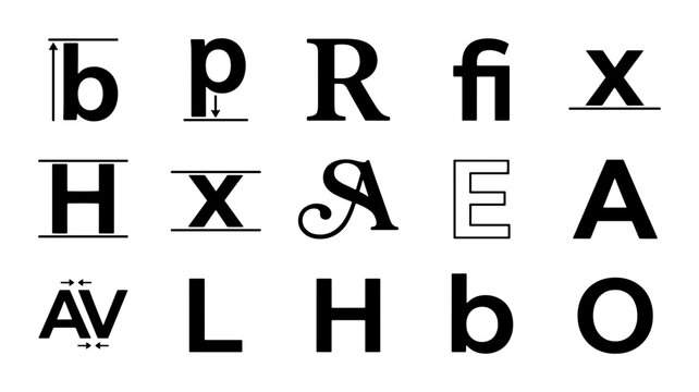 Typography design elements and font anatomy icons. Minimalist black alphabet letters with kerning and baseline guides. Graphic design vector set.