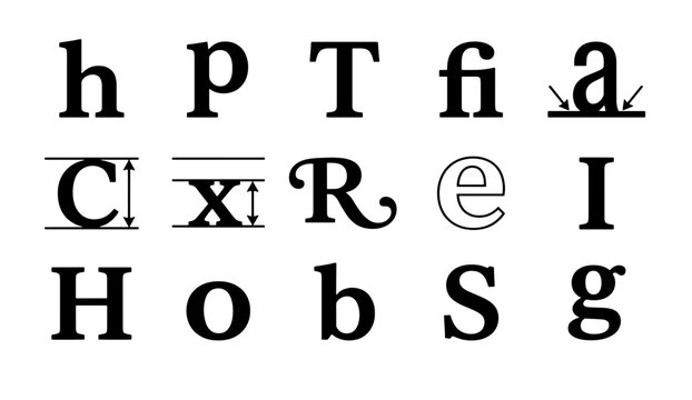 Typography anatomy and font design elements, technical lettering guide with x-height and baseline indicators, serif typeface vector