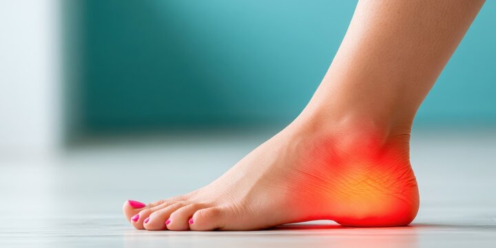 Barefoot walking on light floor. Bare foots with red glow pain effect. Painful gout inflammation. Tingling burning sensation in foot. Sensory neuropathy problems. Healthcare, podiatry. Unhealthy heel