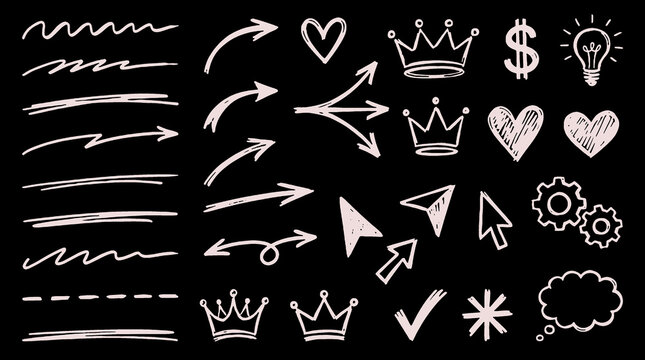 Hand Drawn Marker Sketch Icons, Arrows and Decorative Doodle Elements Set