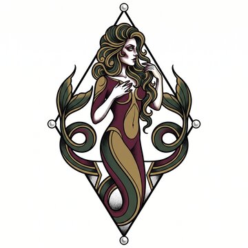 Regal twin-tail sea maiden framed by an elongated diamond crest, rendered in muted burgundy, olive and gold with flowing hair, curling fins and refined vintage tattoo detailing on white background