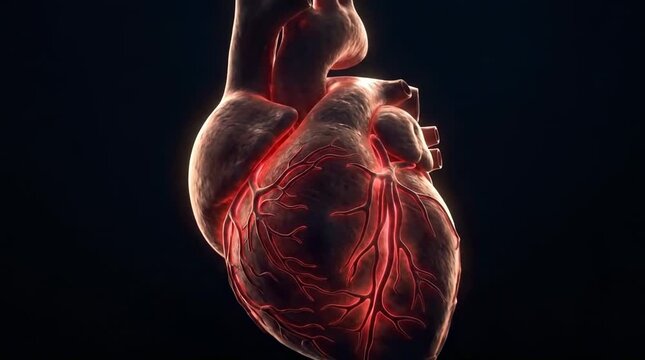 Human heart showing glowing red arteries and veins