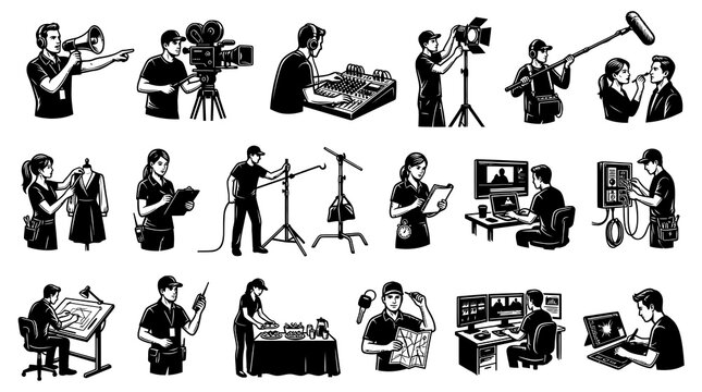 Black and White Line Art Icons of Film Production and Creative Professionals