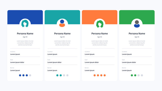 Buyer persona card set infographic template with four editable consumer profiles