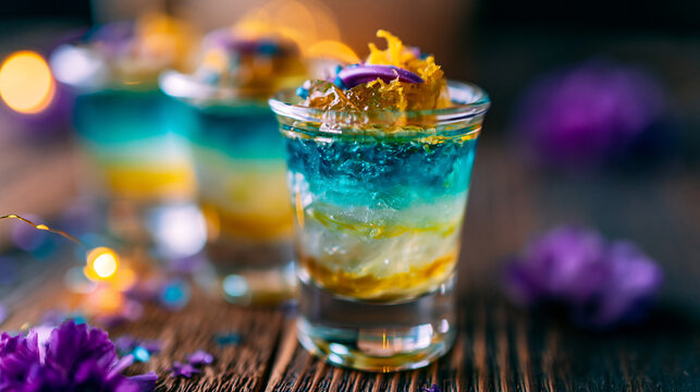 Colorful layered tropical cocktail shot with edible flowers on a wooden table, cocktail