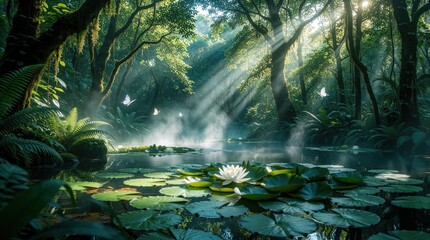 Obraz premium Lush rainforest pond scene with water lilies blooming. Sunlight streams through dense trees creating misty rays. Butterflies flutter above the calm water surface.