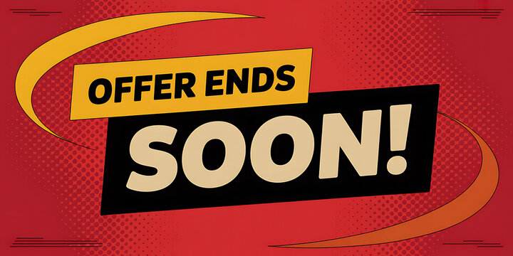 Offer Ends Soon Sale Announcement with Swirls and Halftone Dots on Red Background 