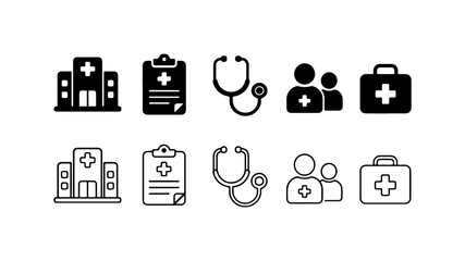 Fototapeta premium Medical Healthcare Icon Set in Solid Silhouette and Linear Outline Vector