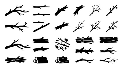 Tree Branches and Wooden Twigs Silhouette Icon Collection Featuring Bare Boughs Spring Buds Small Sticks Wood Logs and Firewood Bundles for Nature Graphic Design Elements Vector © MdRakib