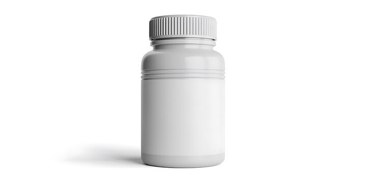 Plain white plastic bottle with ribbed cap and blank label on white background container 