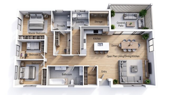 Detailed architectural floor plan rendering of a modern two story home with outdoor patio
