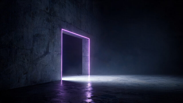 Futuristic Neon Gateway in Dark Space Symbolizing Opportunity and New Beginnings