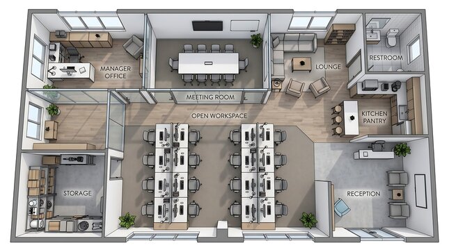 Detailed overhead floor plan of a modern office space with multiple workstations and conference rooms