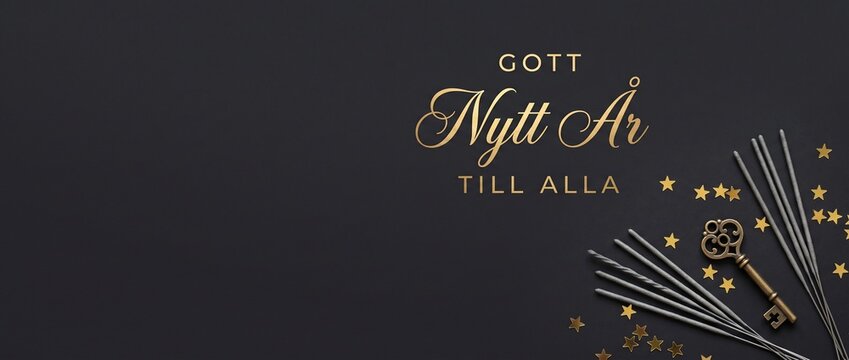 Swedish Happy New Year Banner with Gott Nytt Ar typography on dark background with sparklers vintage key gold stars for elegant festive celebration background design with copy space for seasonal card