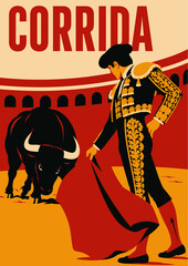097-05-Matador performing with a red cape in a bullring with bull and corrida text