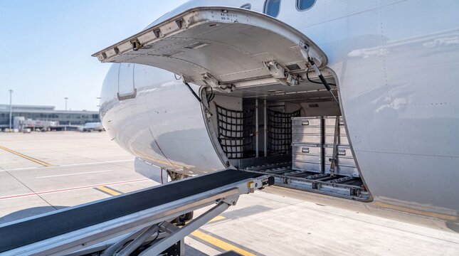 Aircraft baggage compartment loading door open at airport