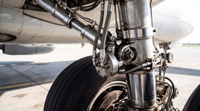 Airplane landing gear strut with hydraulic mechanism closeup