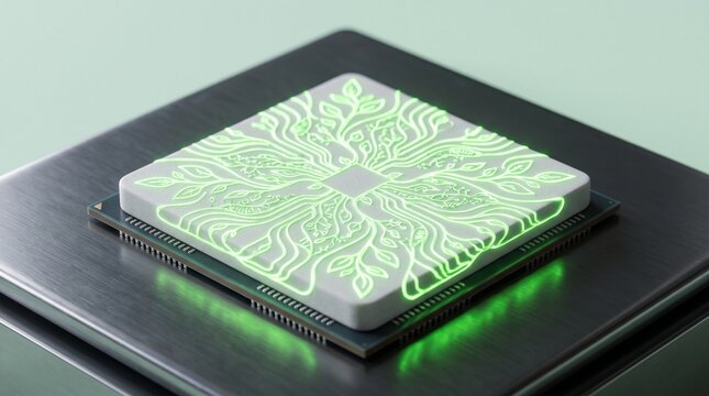 A ceramic microchip featuring glowing green organic plant circuit patterns rests on a brushed metallic surface.