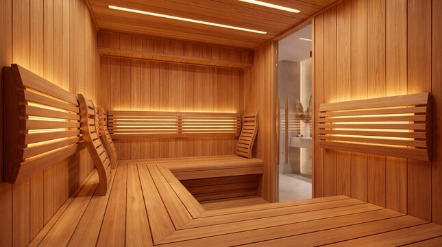 Infrared sauna wooden interior panels with warm lighting