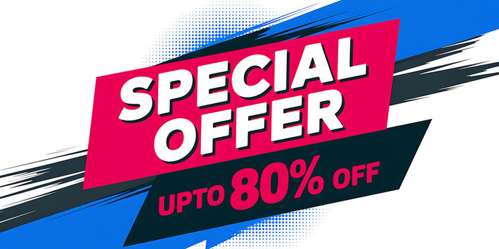 Vibrant red and blue abstract banner with bold white text Special Offer and Up To 80 Percent Off 