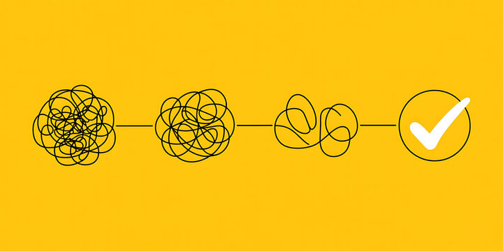 Visual representation of a complex problem transforming into a simple solution with a checkmark 