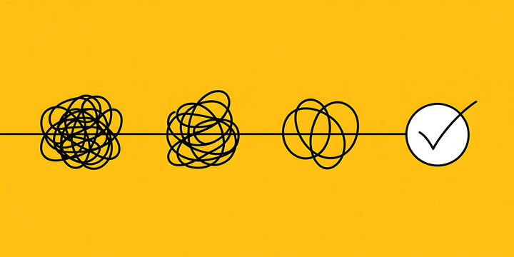 Visual representation of simplifying complexity from tangled lines to a clear checkmark on yellow 