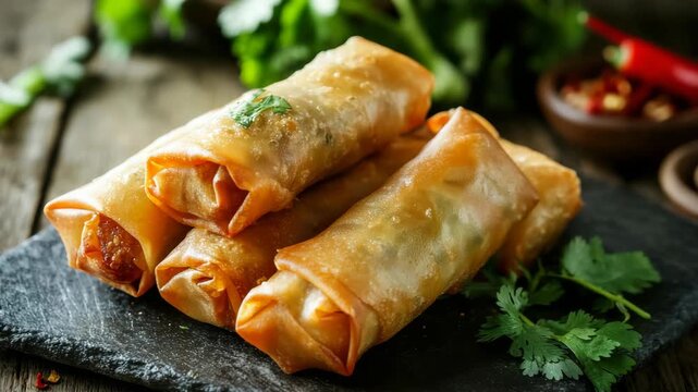 A plate of freshly cooked spring rolls served on a wooden table with garnishing herbs and spices.