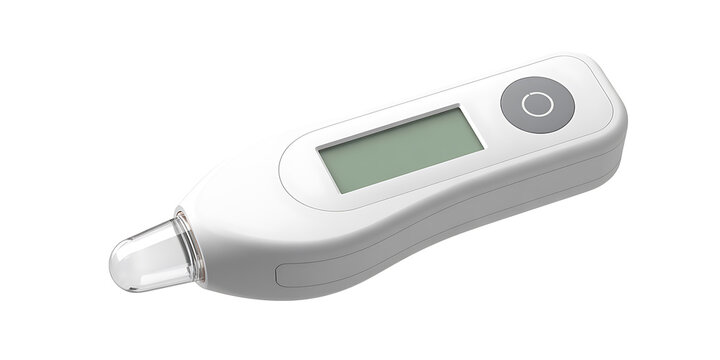 White digital ear thermometer with a green LCD screen and power button on a white background