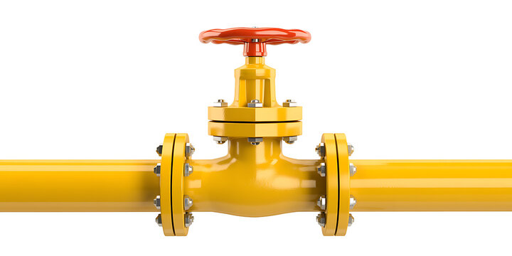 Yellow industrial gas pipeline with a red valve and silver bolted flanges on white background 