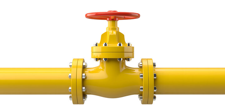 Yellow industrial gas pipeline with a red valve and silver bolted flanges on white background 
