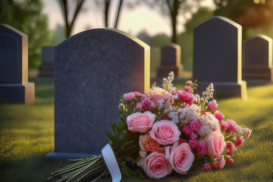 An einem Grabstein  sind Blumen abgelegt