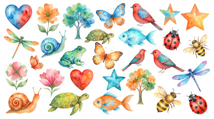 Obraz premium Vibrant watercolor forest animals and floral elements on transparent background cheerful nature collection.