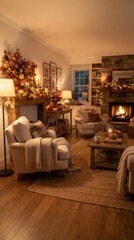 Obraz premium Warm autumn living room with cozy sofa, blankets and seasonal decor, comfortable home interior and relaxing fall evening.