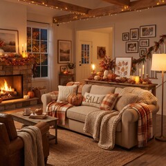 Fototapeta premium Warm autumn living room with cozy sofa, blankets and seasonal decor, comfortable home interior and relaxing fall evening.