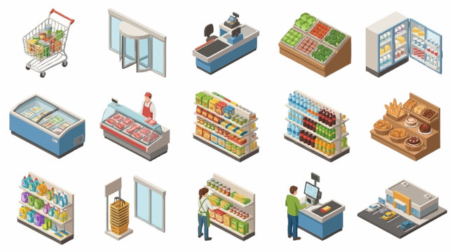 Colorful isometric illustrations of grocery stores and supermarkets.