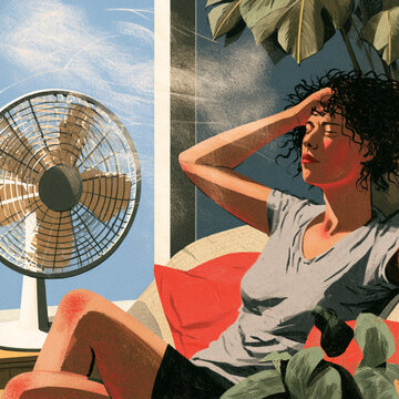 Exhausted girl suffering from hot weather at home illustration