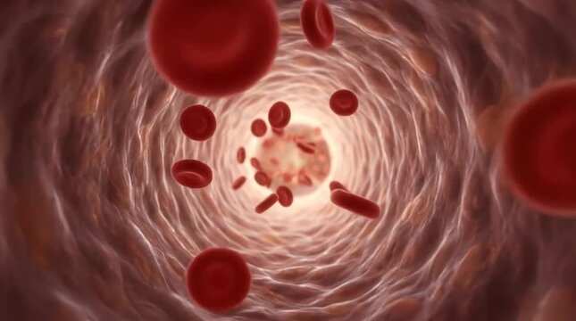 Red blood cells flowing through a blood vessel