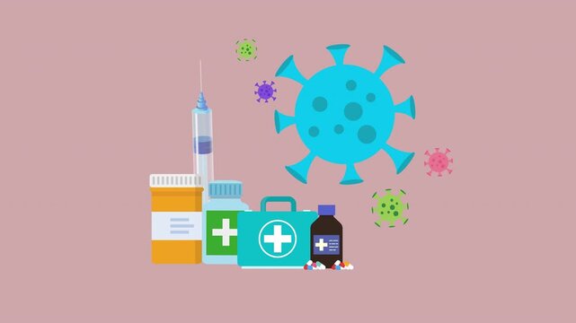 Virus and Vaccine Concept with Syringe, Medicine Bottles and Colorful Pathogens for Healthcare and Infection Prevention