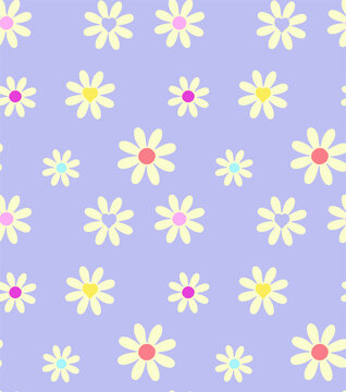 Cute pastel daisies with heart centers scattered on a lilac background a simple happy pattern for design