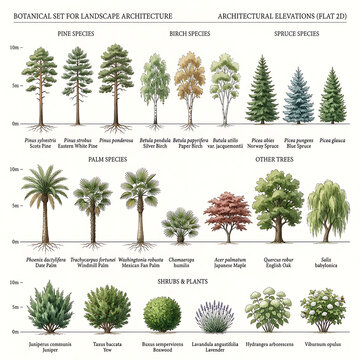 Professional botanical set for landscape architecture featuring various trees and shrubs as 2D flat architectural elevation drawings for design