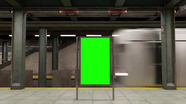 Subway station billboard green screen mockup, blank advertising vertical poster frame on underground train platform, urban transit billboard display with train motion blur