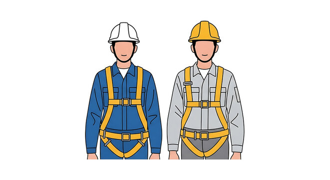 Illustration of a construction worker wearing a safety harness and hard hat as essential protective gear for industrial safety and fall prevention