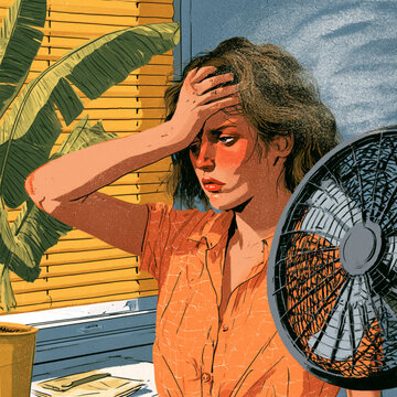 Exhausted girl suffering from hot weather at home illustration