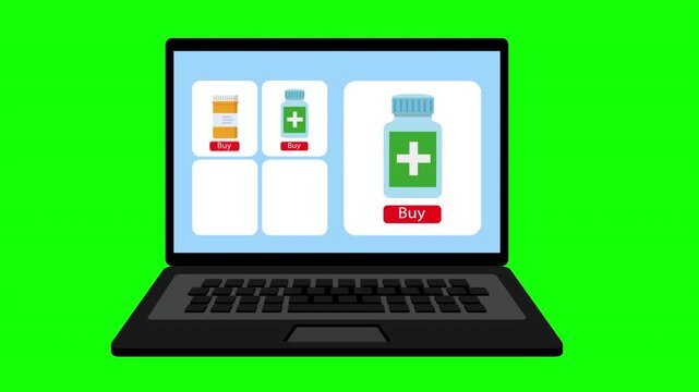 Online Medicine Shopping Concept on Laptop with Pharmaceutical Products, Ecommerce Purchase and Digital Healthcare Retail Illustration