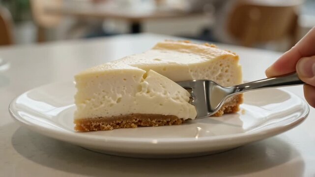 Slice of cheesecake on a white plate being cut with a fork