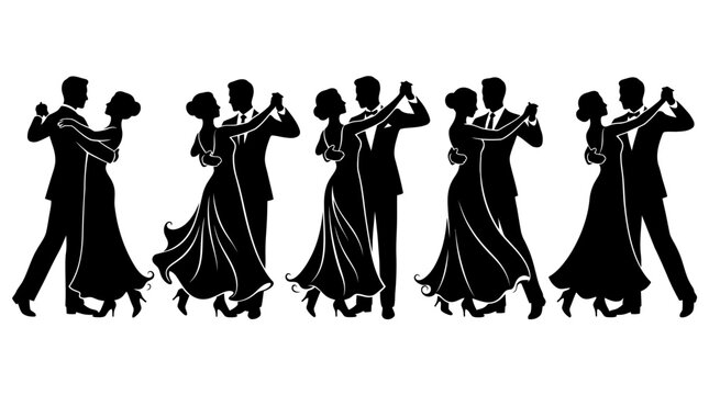 Elegant ballroom dancing couples shown in detailed black silhouettes isolated on a clean white background design