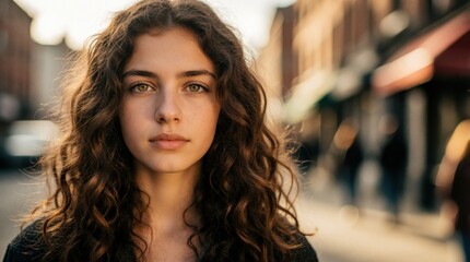 Obraz premium Teen girl with curly hair looks forward in city street. Natural light illuminates face, conveying strength and determination. Youthful confidence and inner resilience glow through soft bokeh.