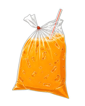 Orange Juice in Plastic Bag with Straw (Jus Oren Ikat Tepi dalam Plastik Bag dengan Straw)