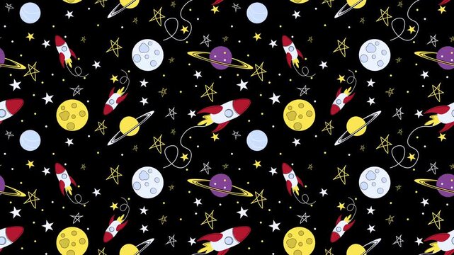 Childlike doodle animation of rockets flying past planets and stars. Seamless looping scrolling pattern on a black background for playful science, space and back to school themes. 